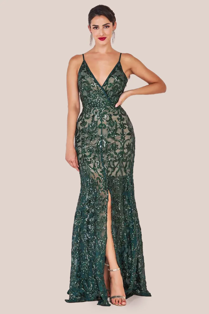 Goddiva Iridescent Sequin Maxi With Front Split - Emerald Green