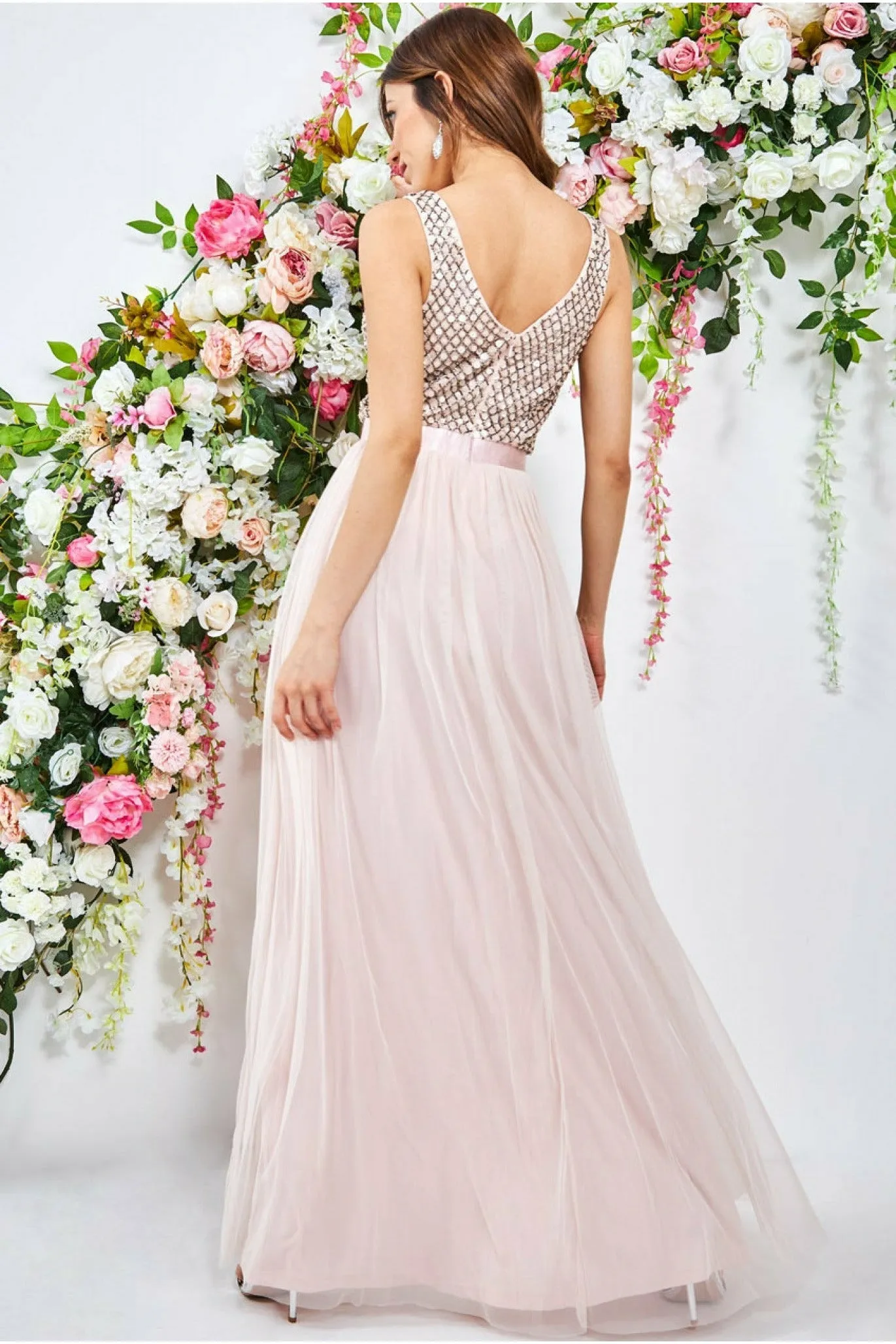 Goddiva Sequin Bodice Pleated Maxi Dress - Blush