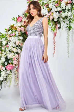 Goddiva Sequin Bodice Pleated Maxi Dress - Lavender