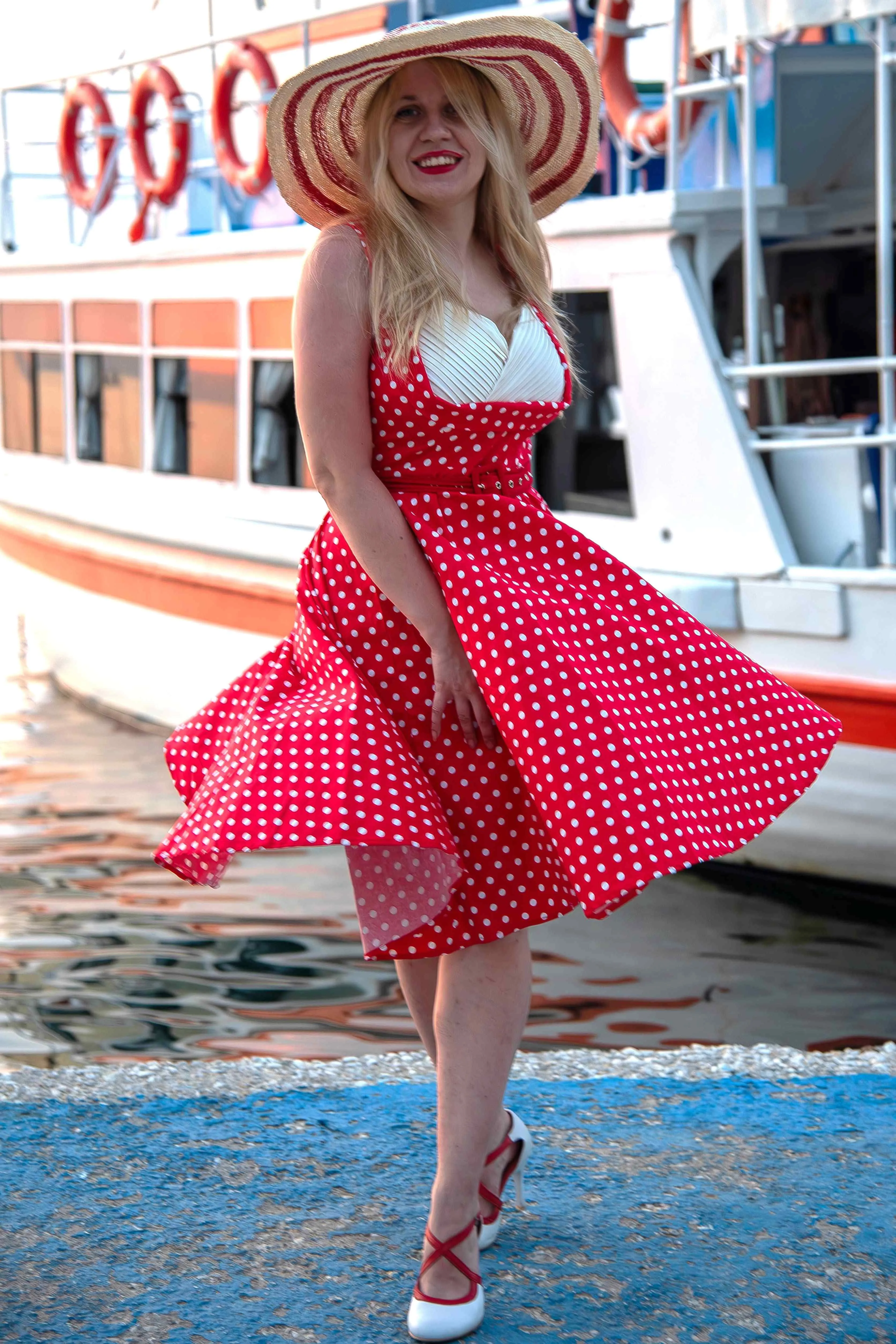 Grace Pleated 50s Style Swing Dress Red Polka Dots