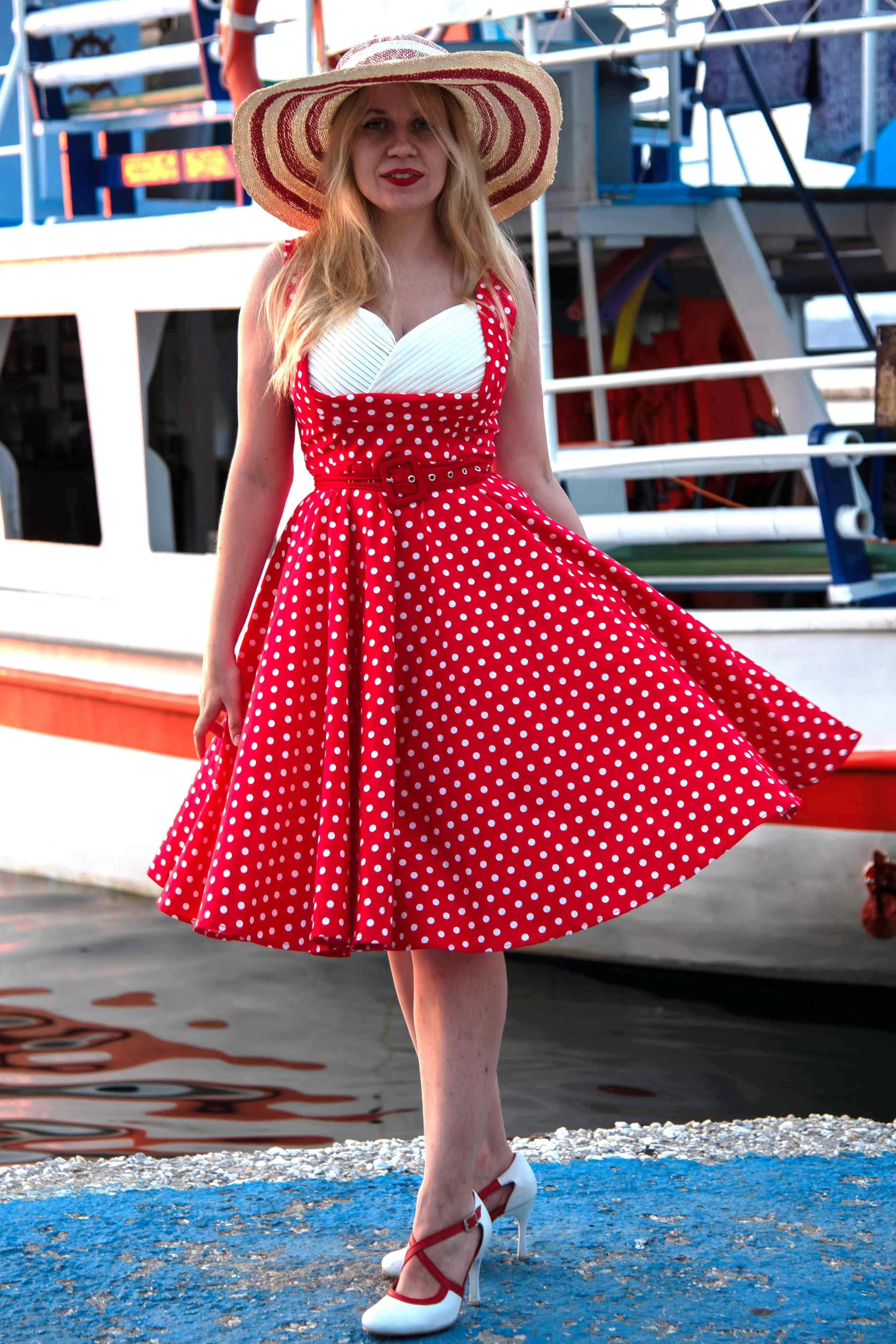 Grace Pleated 50s Style Swing Dress Red Polka Dots