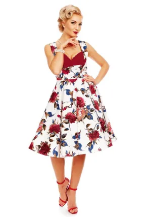 Grace Vintage Style Jive Floral Dress in White-Burgundy