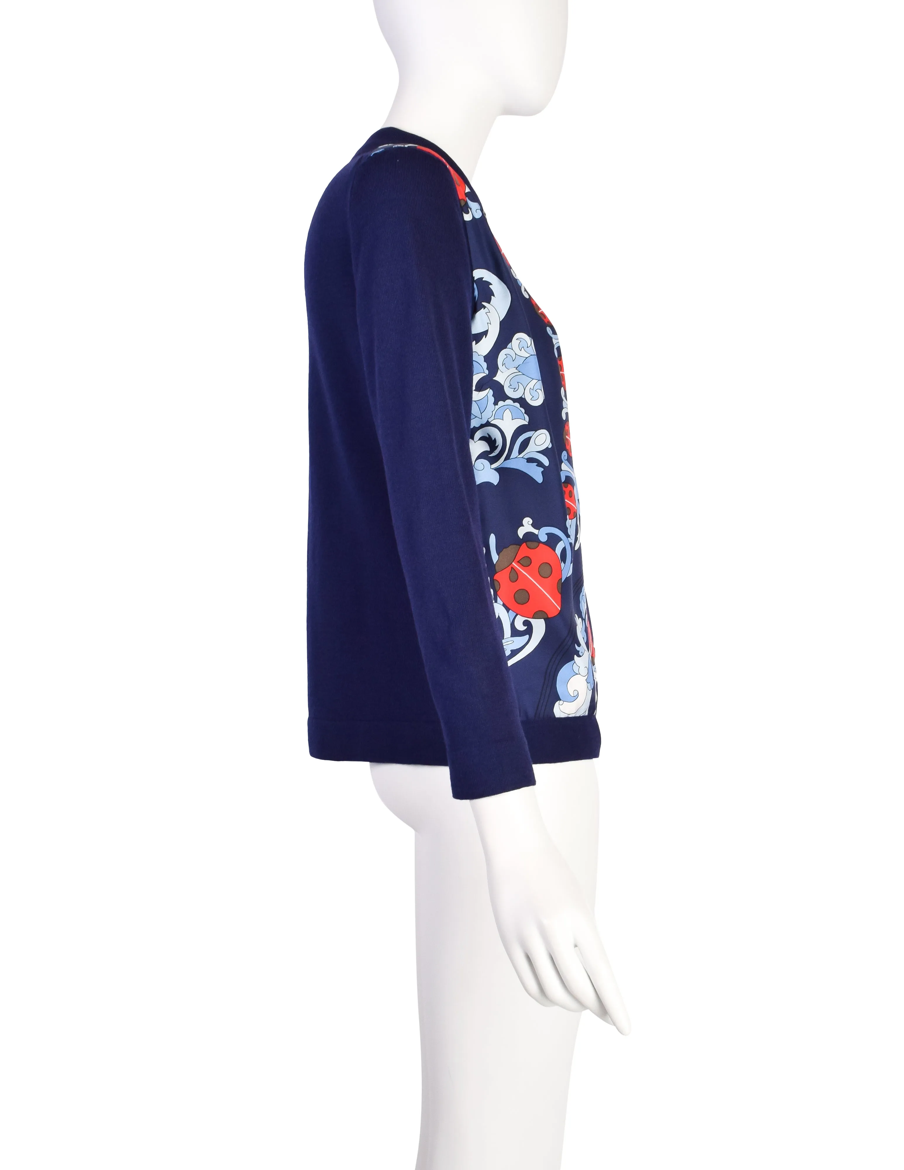 Hermes Vintage Coccinelles by Karin Swildens Silk Scarf Navy Blue Wool Knit Cardigan Sweater