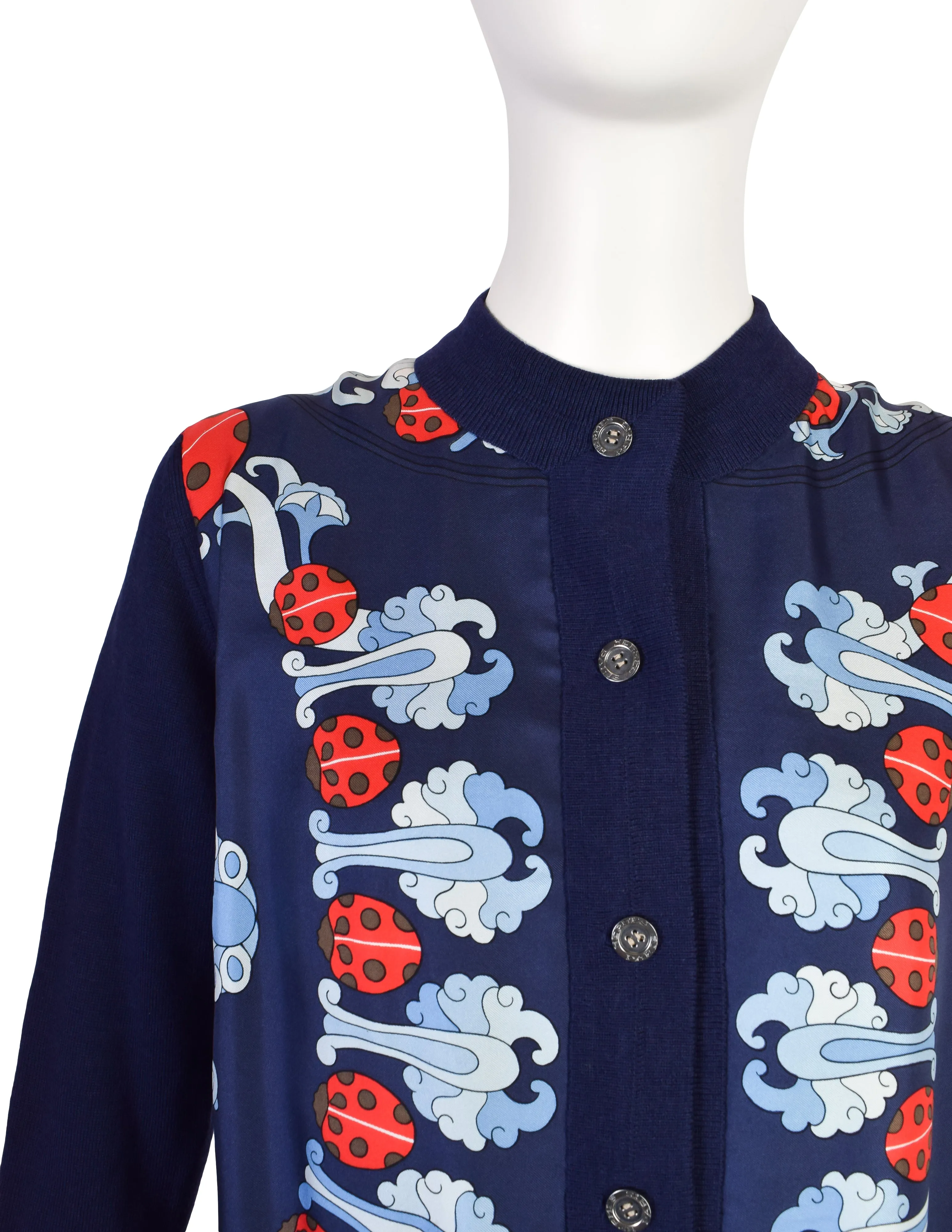 Hermes Vintage Coccinelles by Karin Swildens Silk Scarf Navy Blue Wool Knit Cardigan Sweater