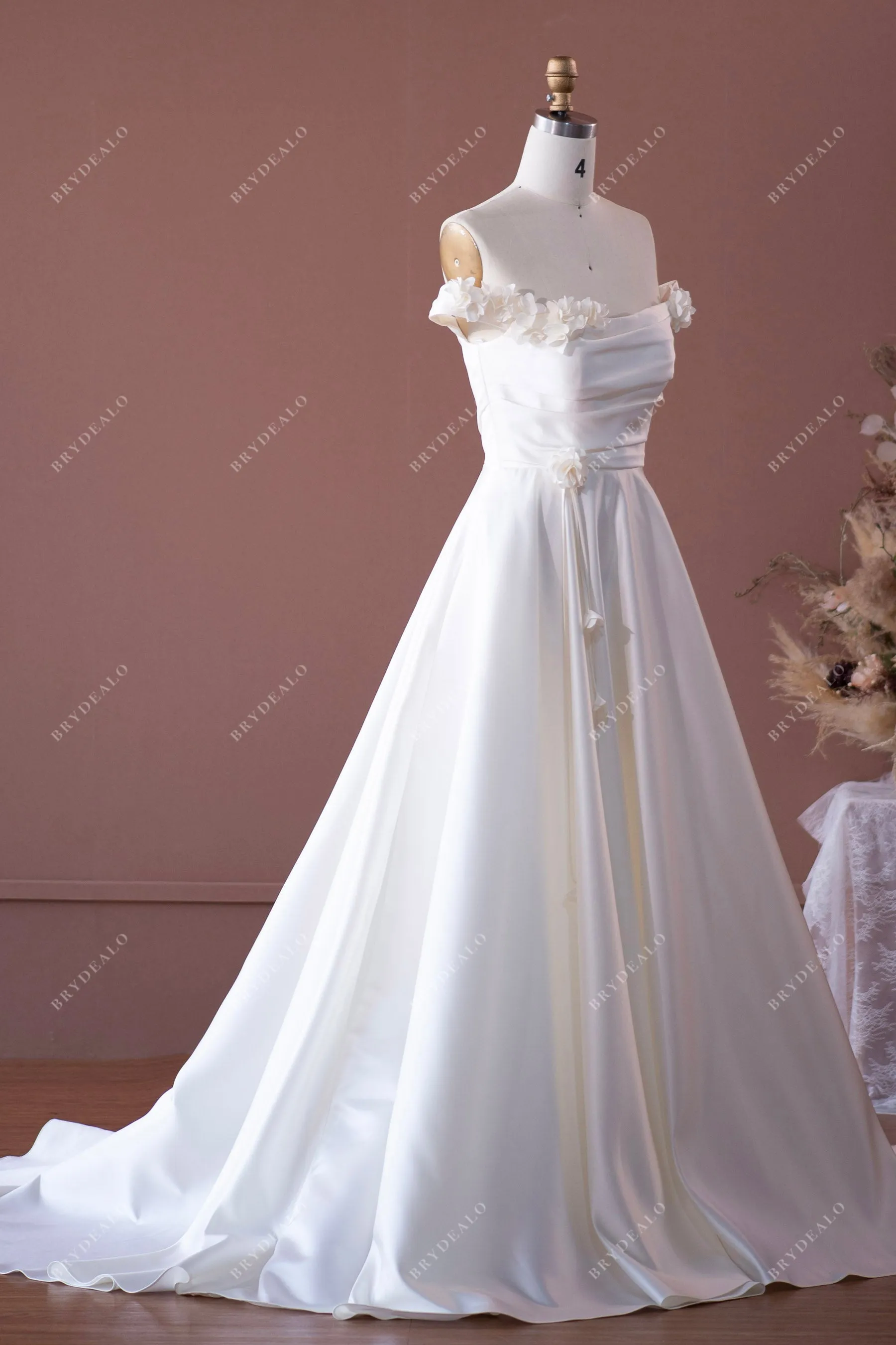 Ivory Timeless Off-shoulder Flower Pleated Satin A-line Wedding Dress