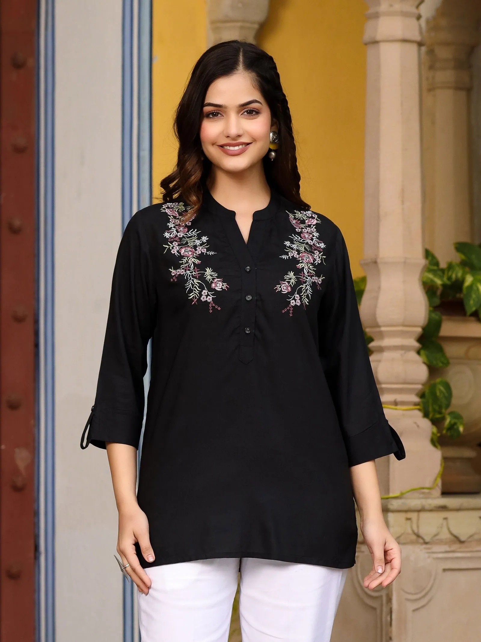 Jashvi Black Modal Rayon Embroidered Tunic