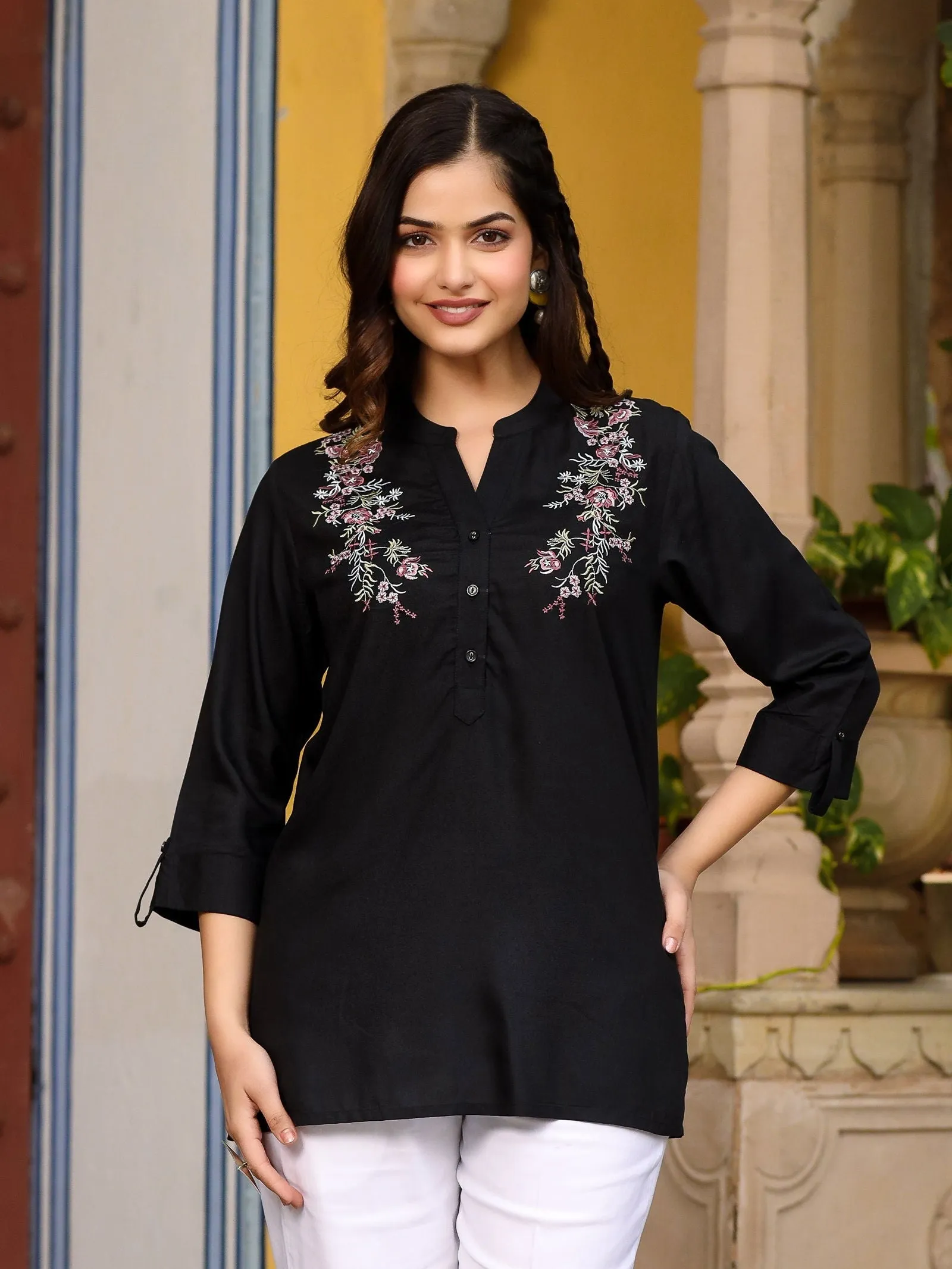 Jashvi Black Modal Rayon Embroidered Tunic