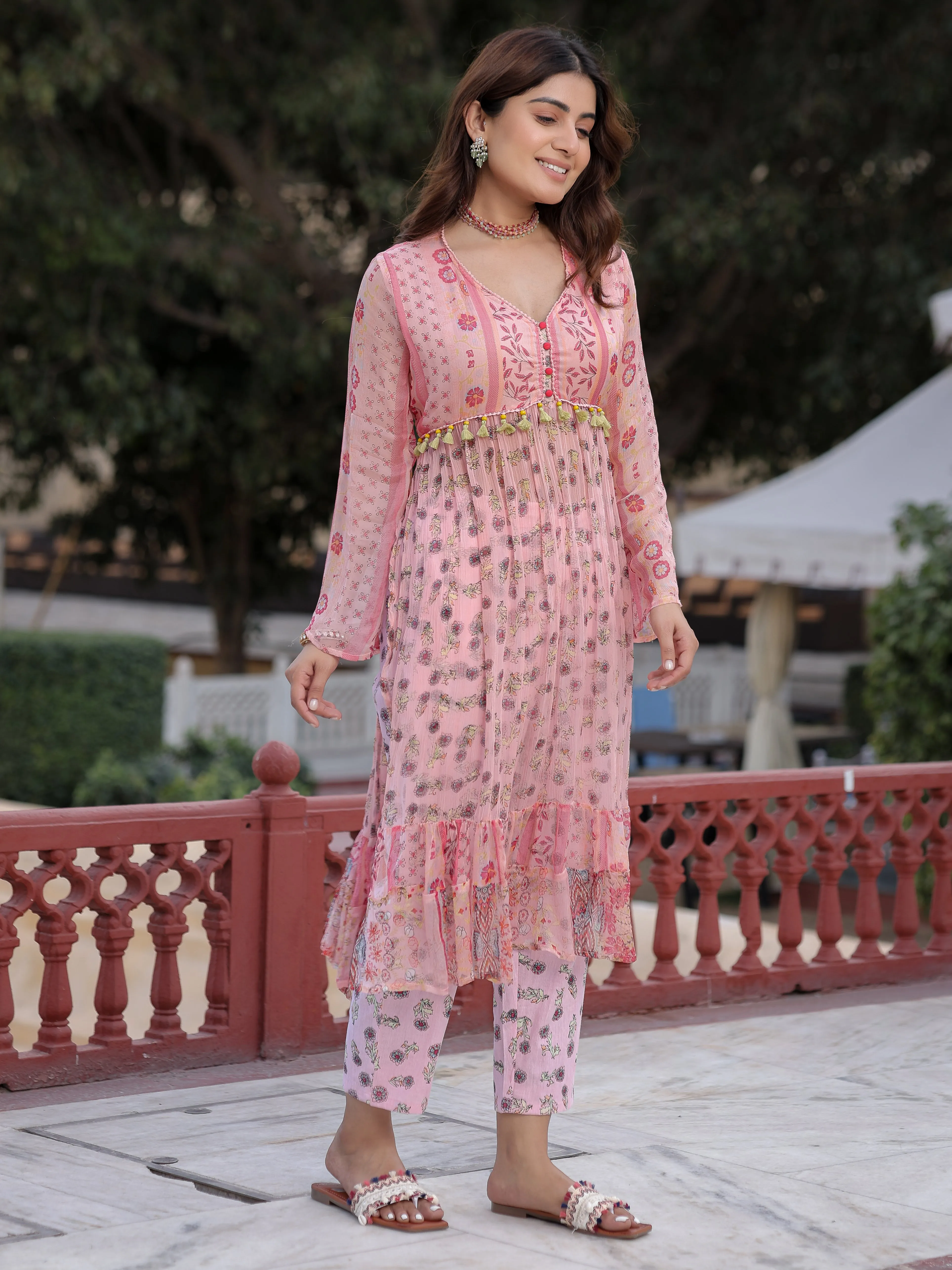 Jashvi Peach Floral Printed High Slit Lacy Chiffon Kurta With Pants Set (2-Pcs)