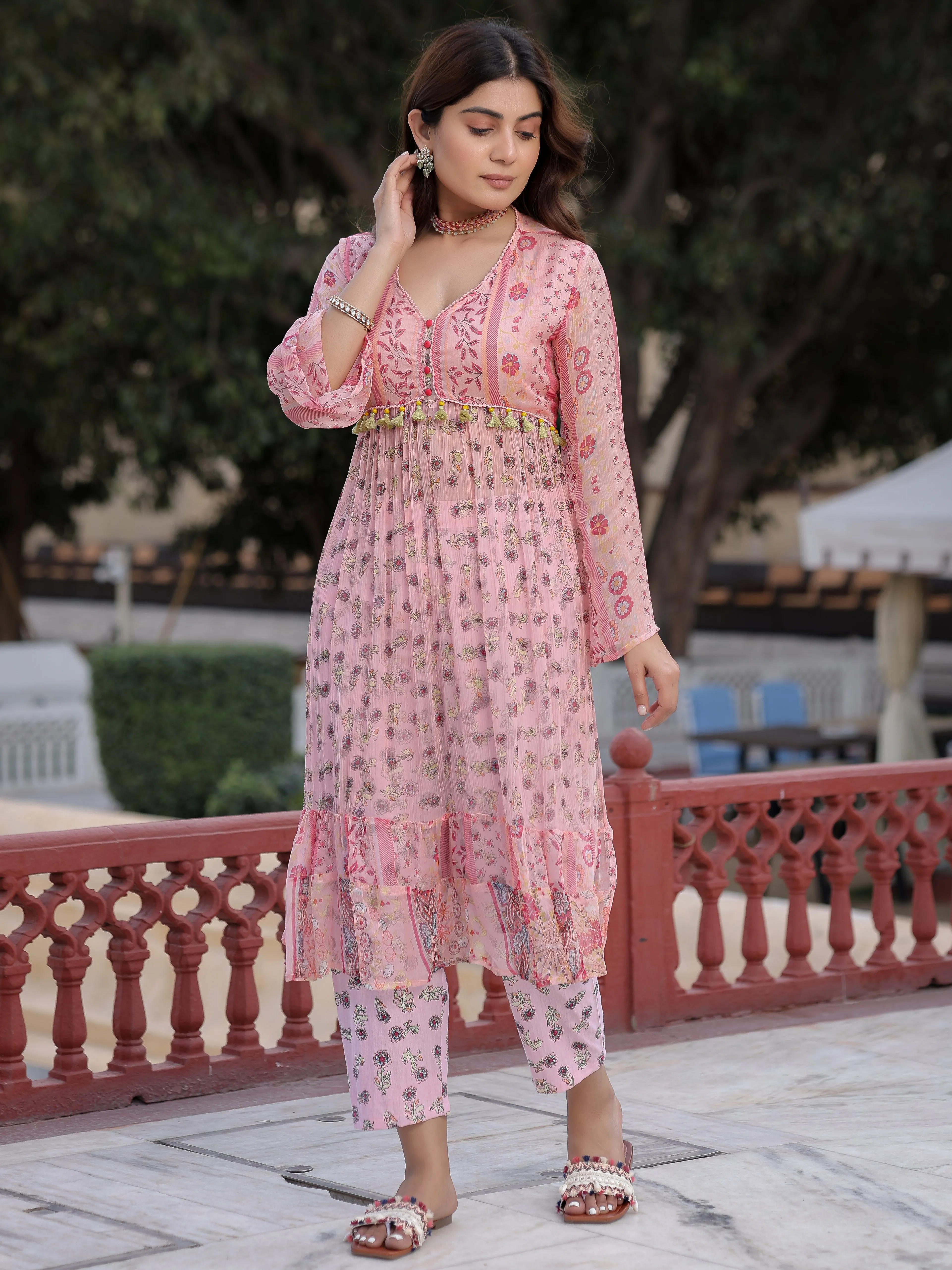 Jashvi Peach Floral Printed High Slit Lacy Chiffon Kurta With Pants Set (2-Pcs)