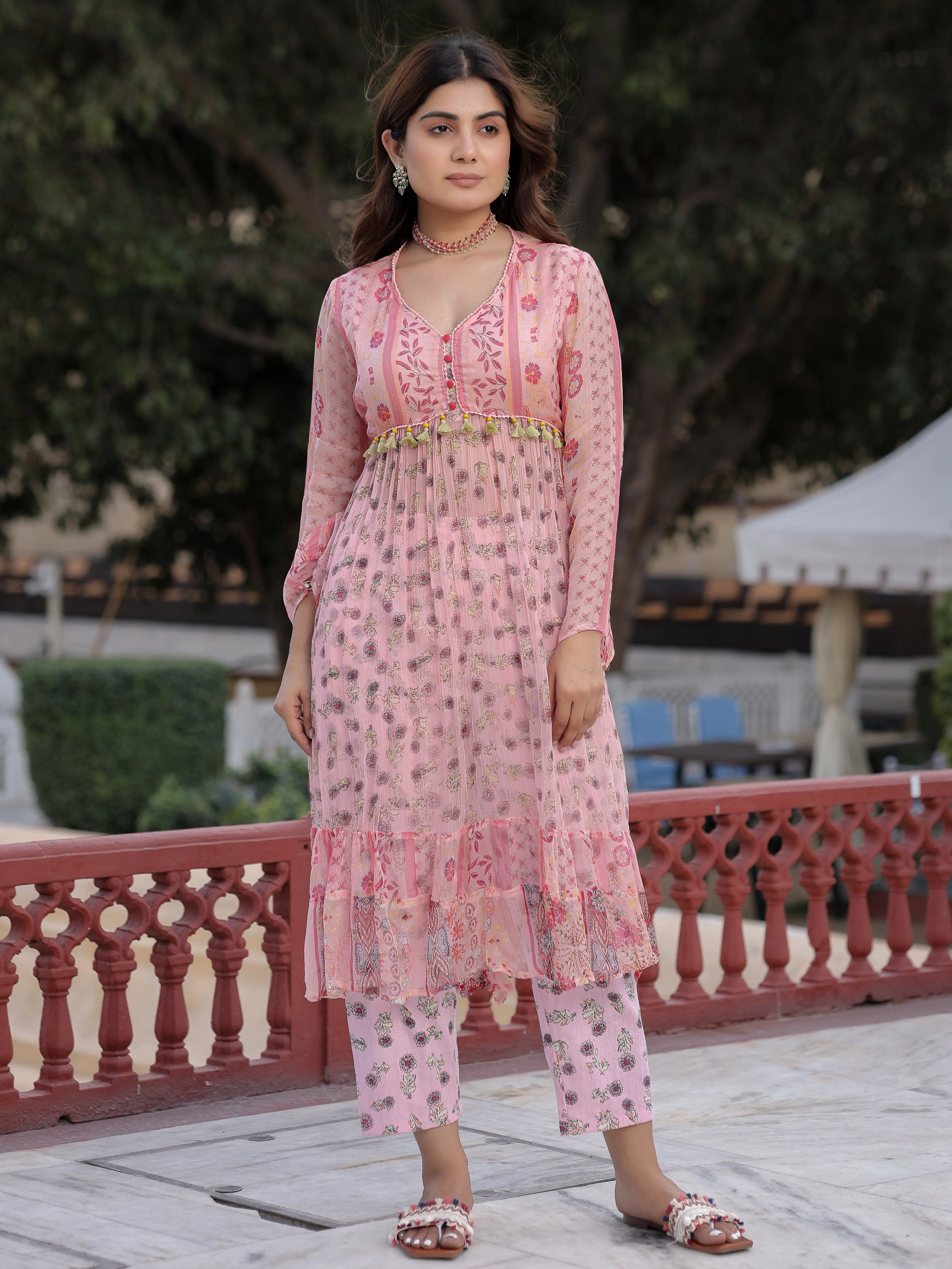 Jashvi Peach Floral Printed High Slit Lacy Chiffon Kurta With Pants Set (2-Pcs)