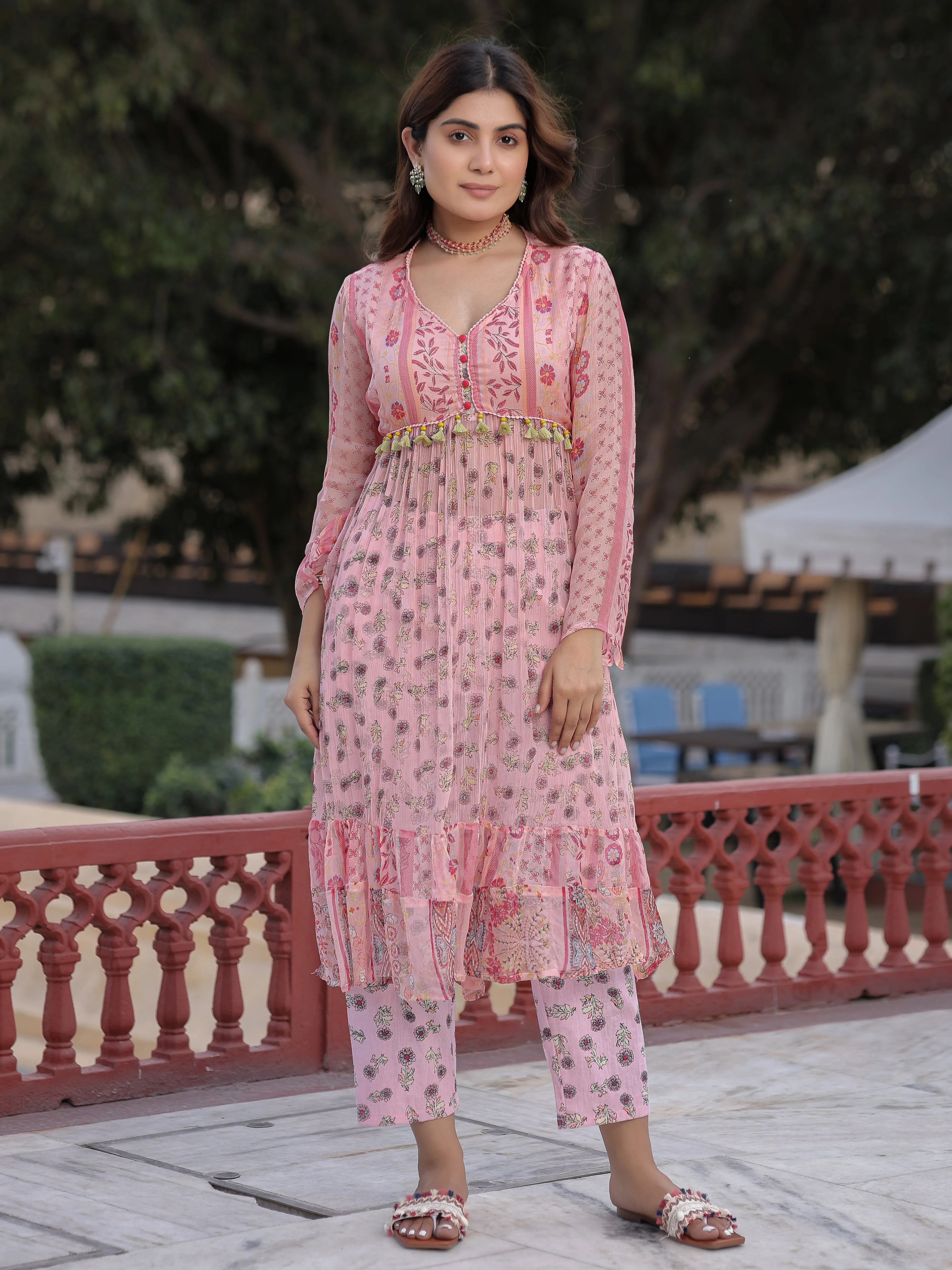 Jashvi Peach Floral Printed High Slit Lacy Chiffon Kurta With Pants Set (2-Pcs)