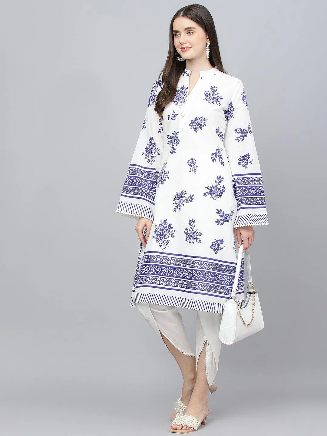 Jashvi White Floral Printed Straight Kurta With tulip pant