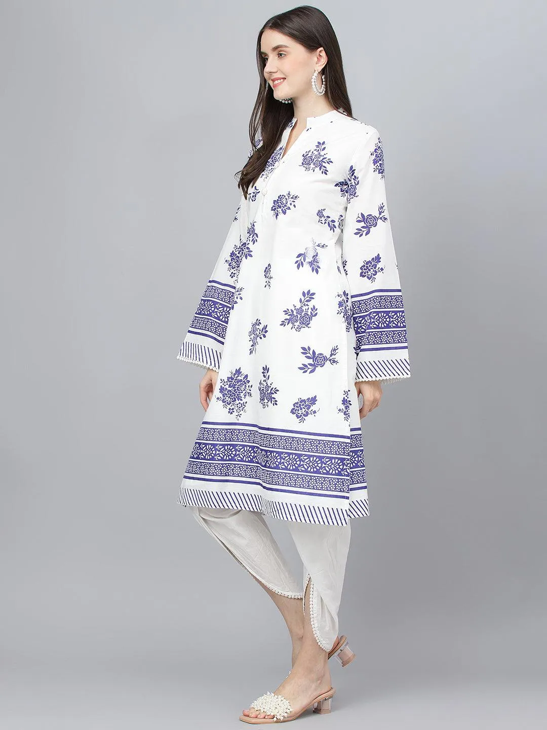 Jashvi White Floral Printed Straight Kurta With tulip pant