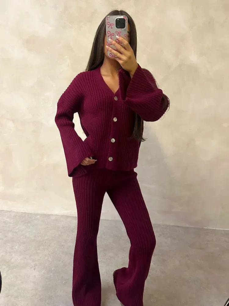 Joskaa Women's Flared Sleeves V-neck Buttons Knitted Cardigan Set Tailored Wine Red Vintage Long Pants Outfit 2024 Lady Daily Knitwear