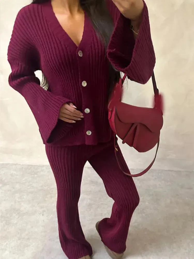 Joskaa Women's Flared Sleeves V-neck Buttons Knitted Cardigan Set Tailored Wine Red Vintage Long Pants Outfit 2024 Lady Daily Knitwear