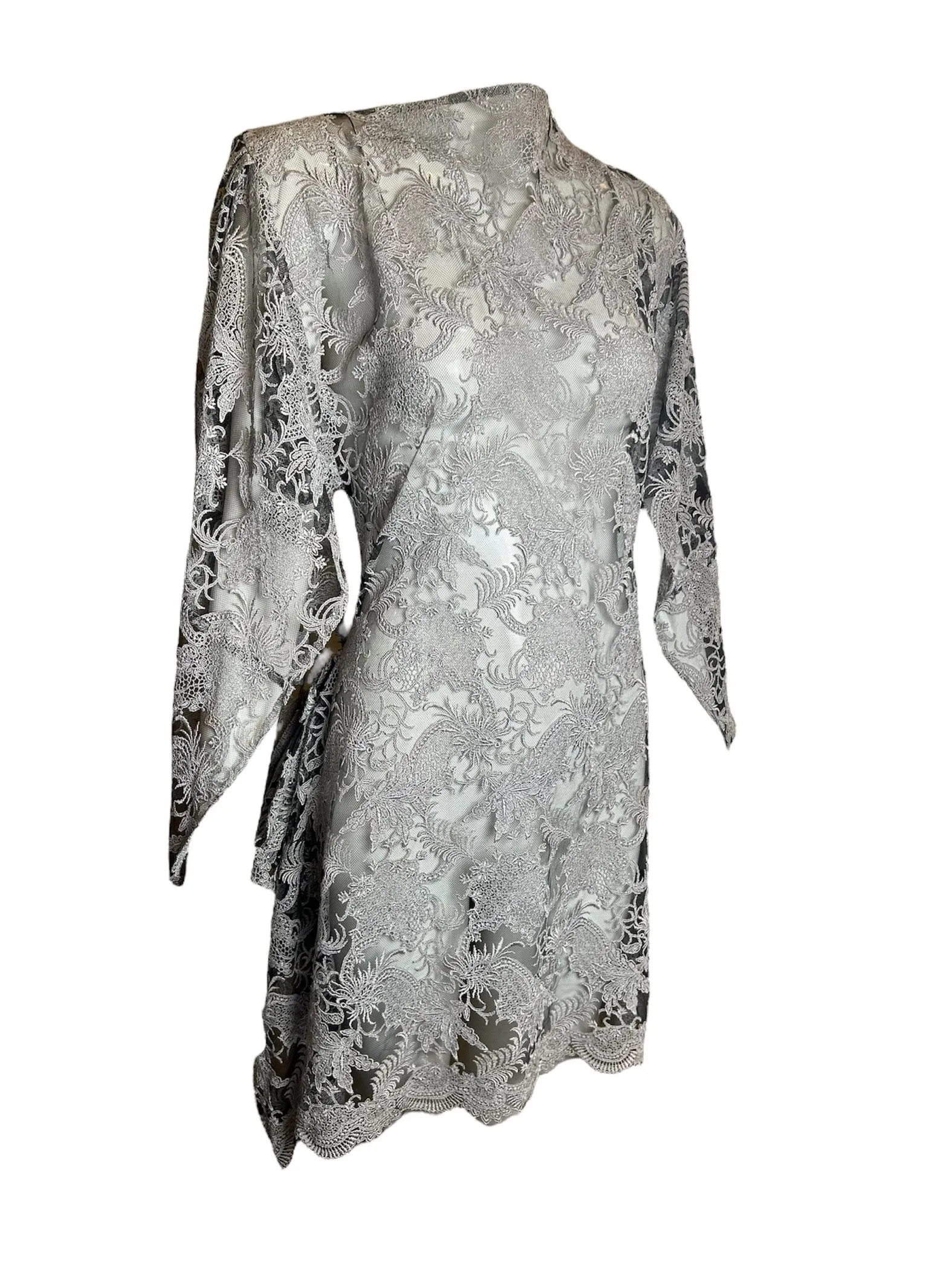 Junya Watanabe Comme Des Garcons SS 2012 Silver Kimono-Style Sleeve Lace Dress