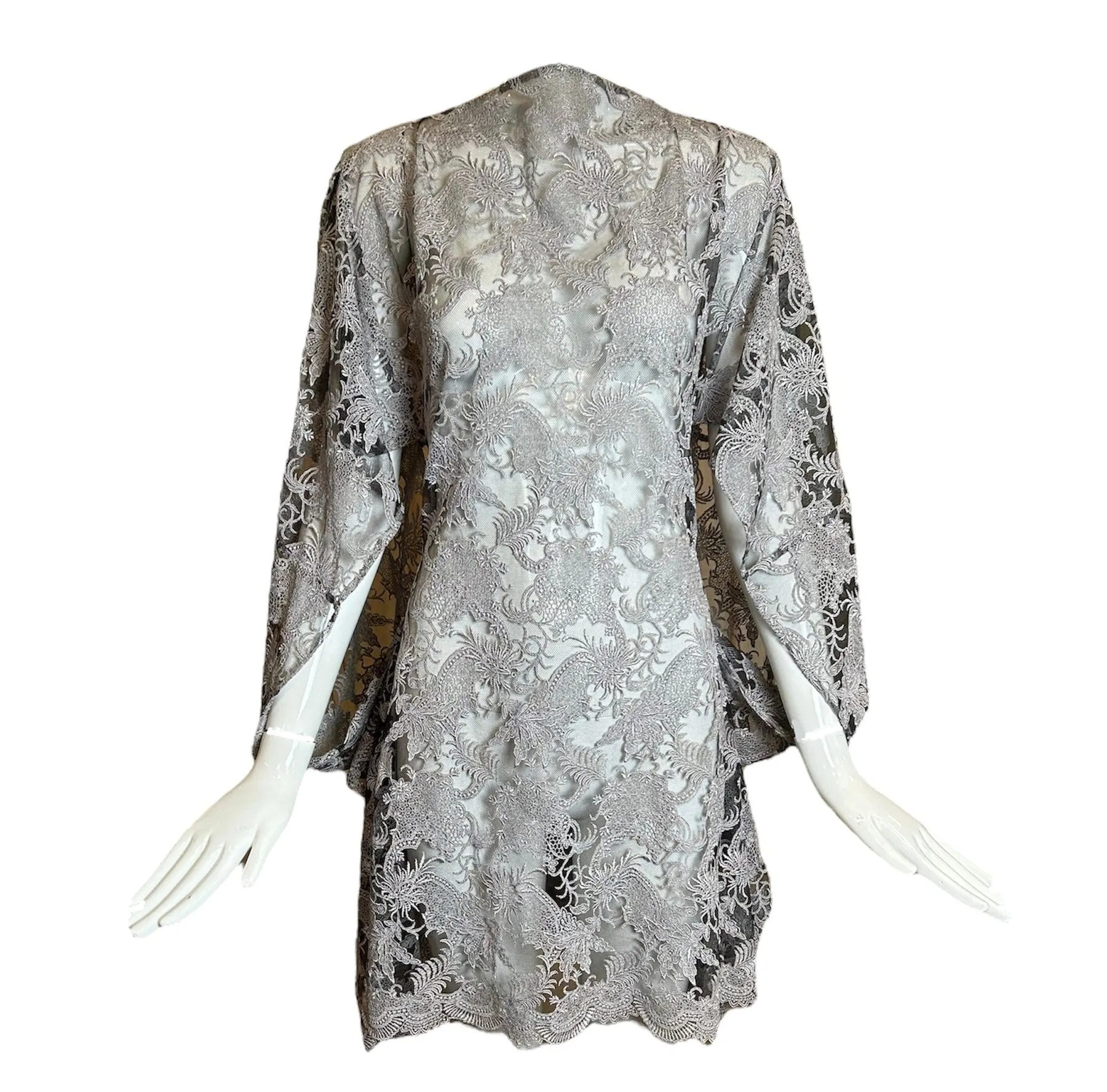 Junya Watanabe Comme Des Garcons SS 2012 Silver Kimono-Style Sleeve Lace Dress