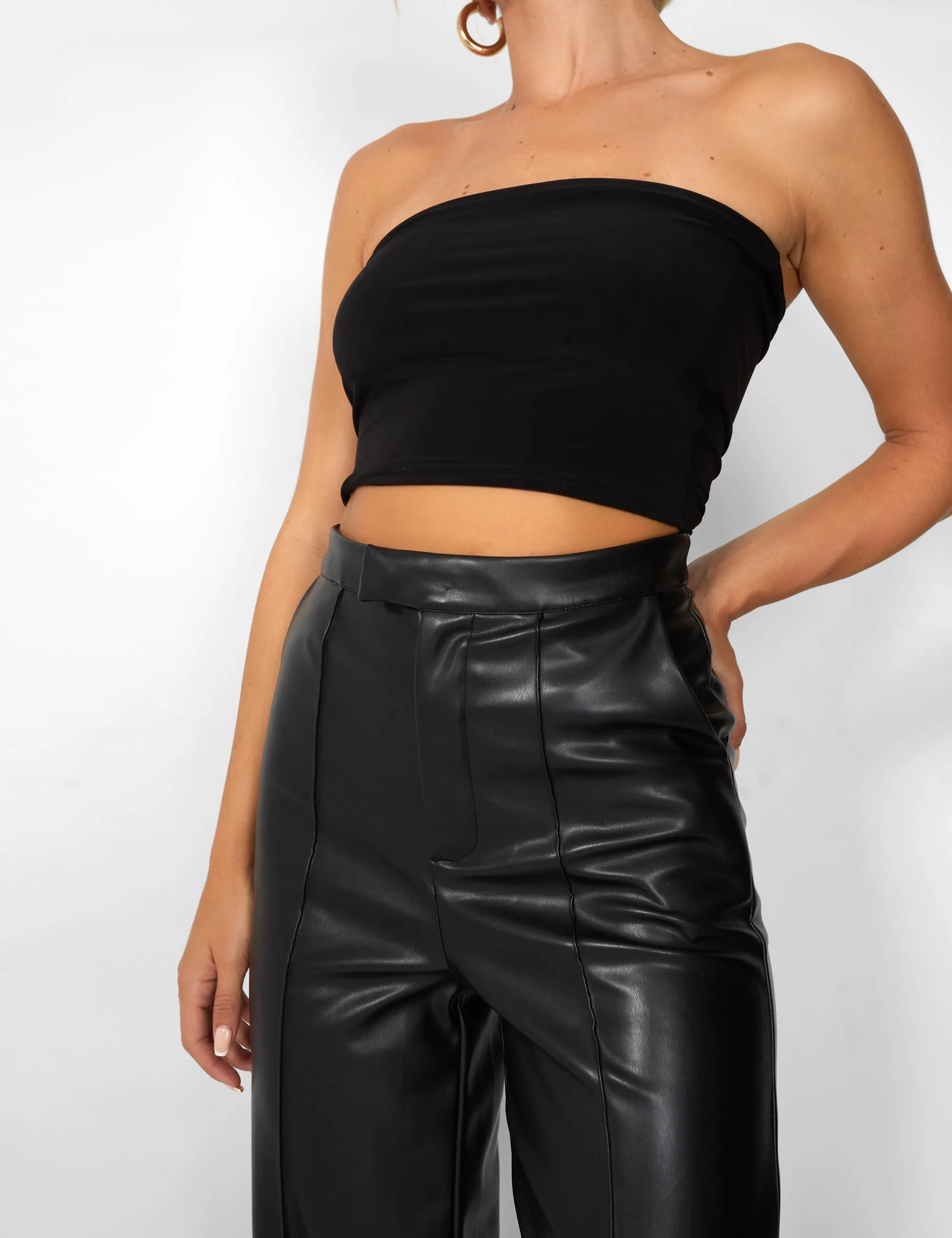 Kaiia Leather Look Wide Leg Trousers in Black