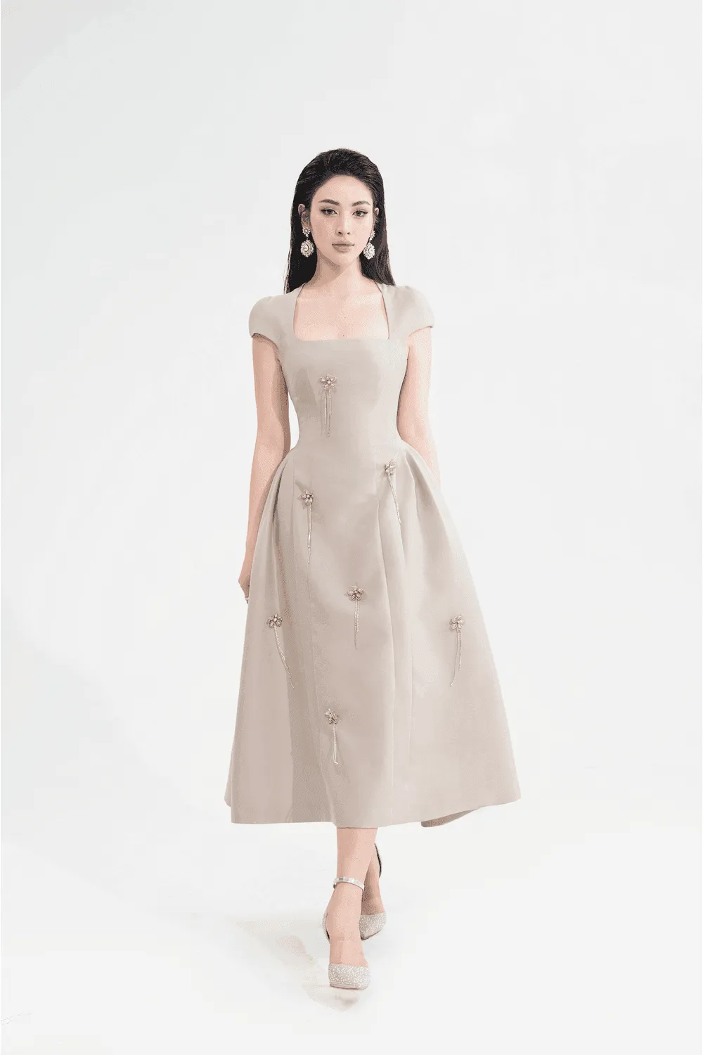 Kathryn A-line Square Neck Taffeta Midi Dress