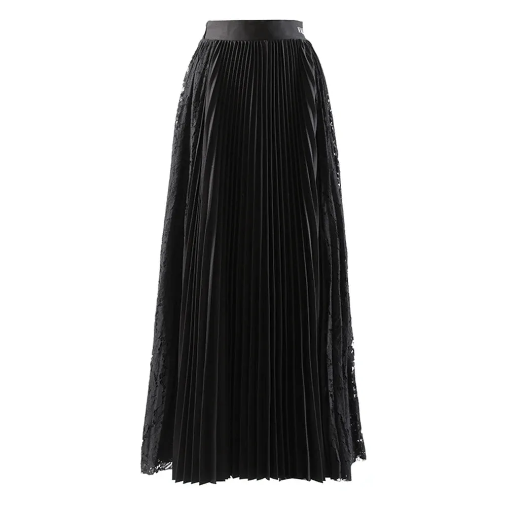 Korean Fashion Pleated Skirt For Women High Waist Loose Lace Panel Ruched Solid Midi Skirts Female Summer Clothing