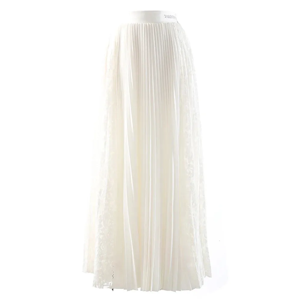 Korean Fashion Pleated Skirt For Women High Waist Loose Lace Panel Ruched Solid Midi Skirts Female Summer Clothing