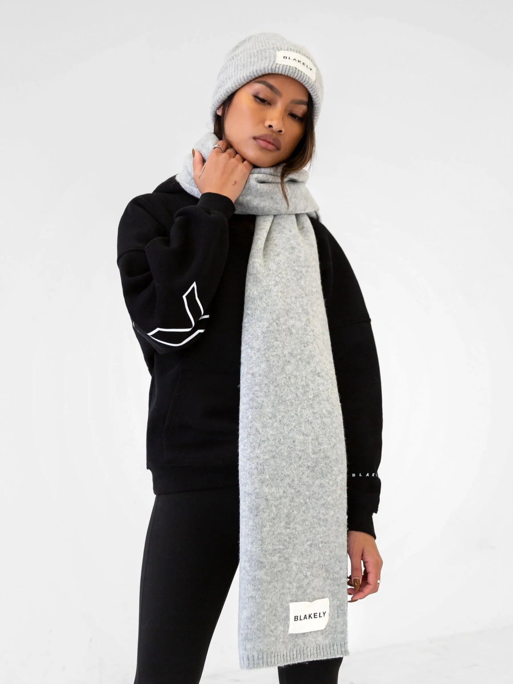 Label Knitted Scarf - Marl Grey