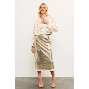 Layered Mesh Back Slit Sequin Midi Skirt