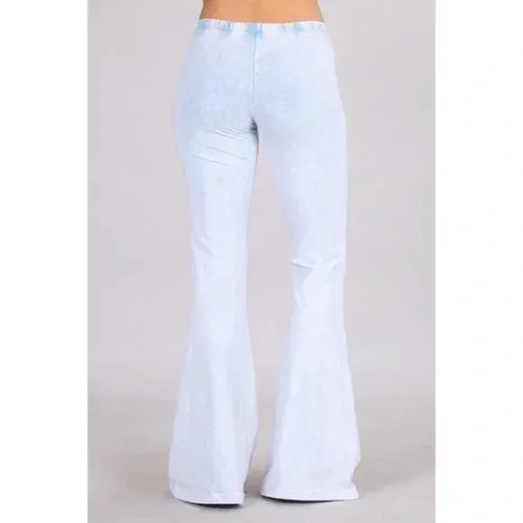 Light Powder Blue Boho Mineral Wash Flared Bell Bottom Stretch Pull On Pants Womens (Copy)