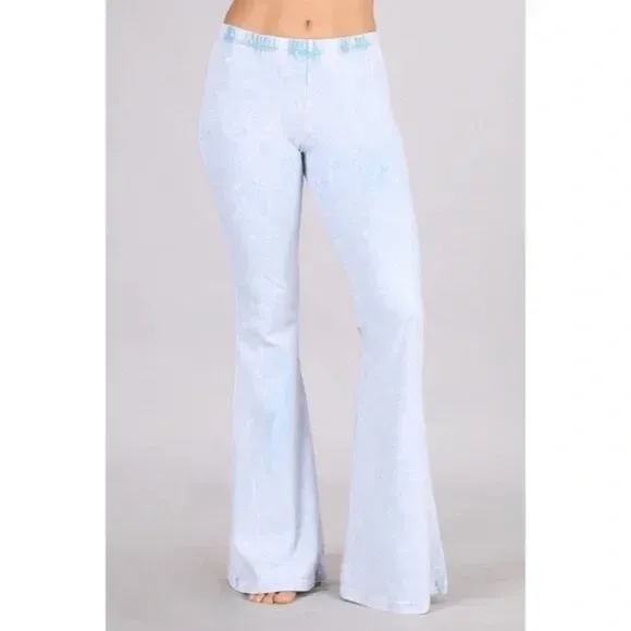 Light Powder Blue Boho Mineral Wash Flared Bell Bottom Stretch Pull On Pants Womens (Copy)