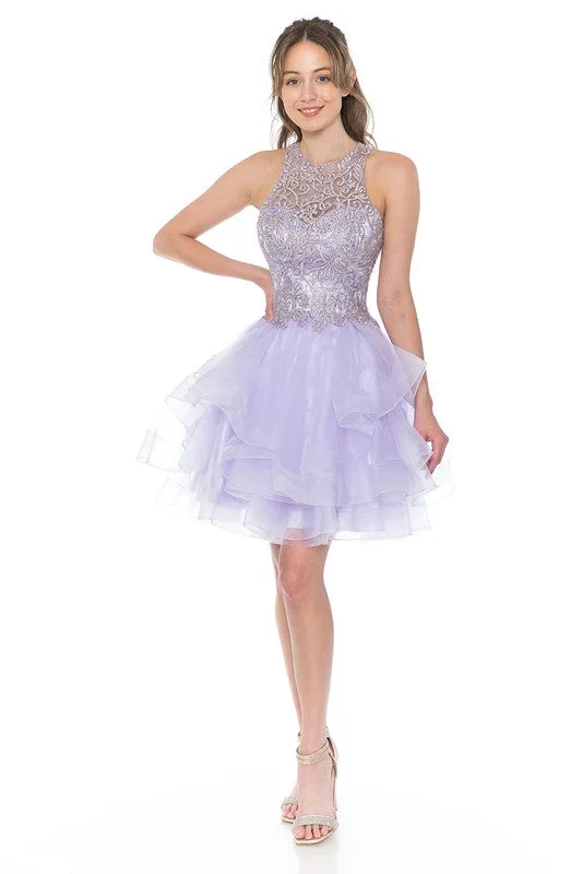 Light Purple Halter Embroidery Match Tiered Short Dress