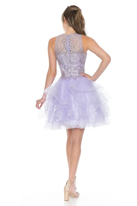 Light Purple Halter Embroidery Match Tiered Short Dress