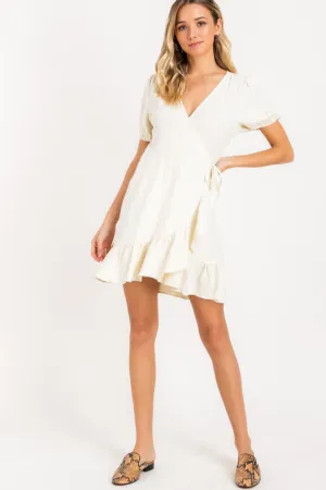 Linen Wrap Mini Dress, Cream