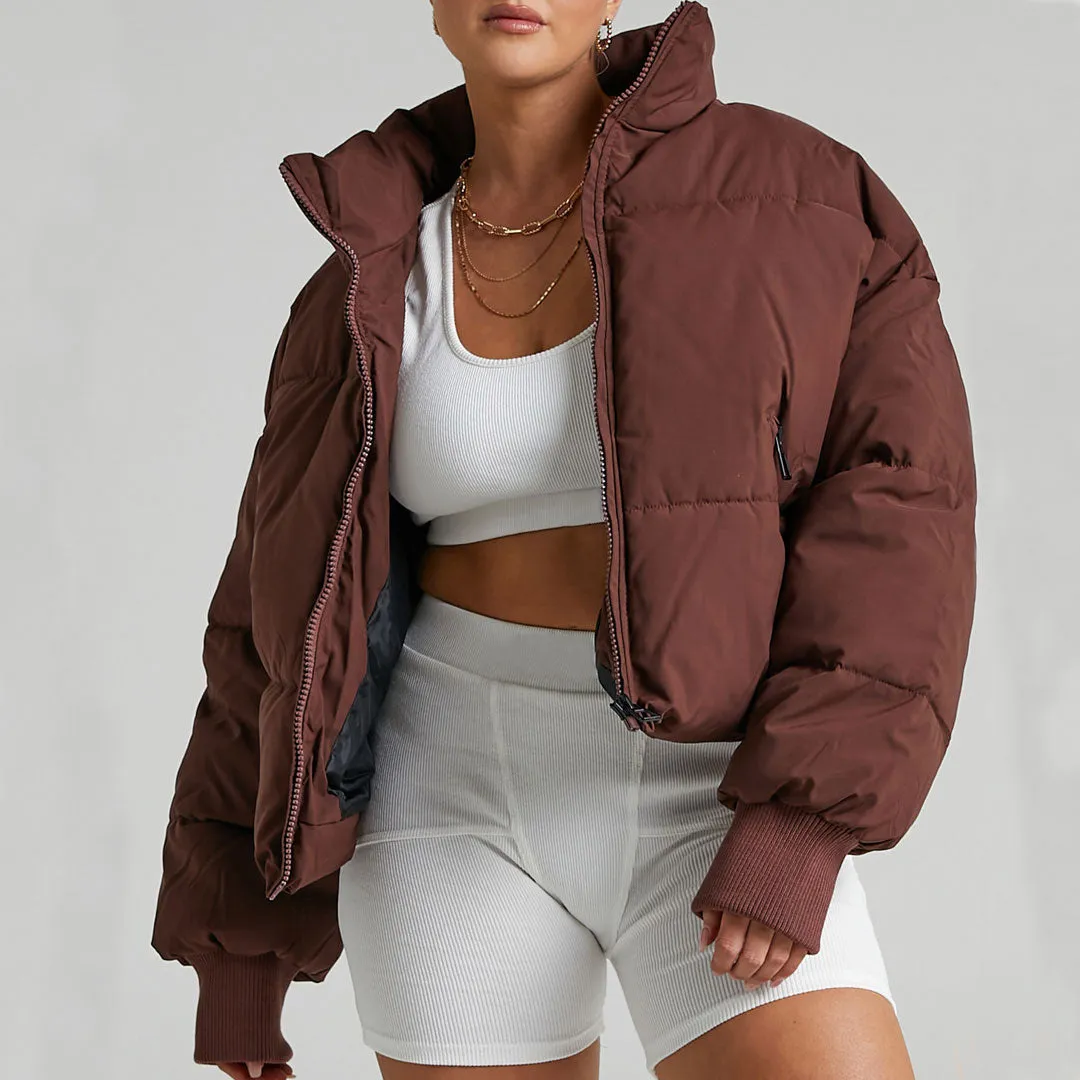 Long Sleeve Puffer Trendy Jacket - Burnt Orange