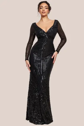 Long Sleeve Sequin V Wrap Maxi Dress - Black by Goddiva