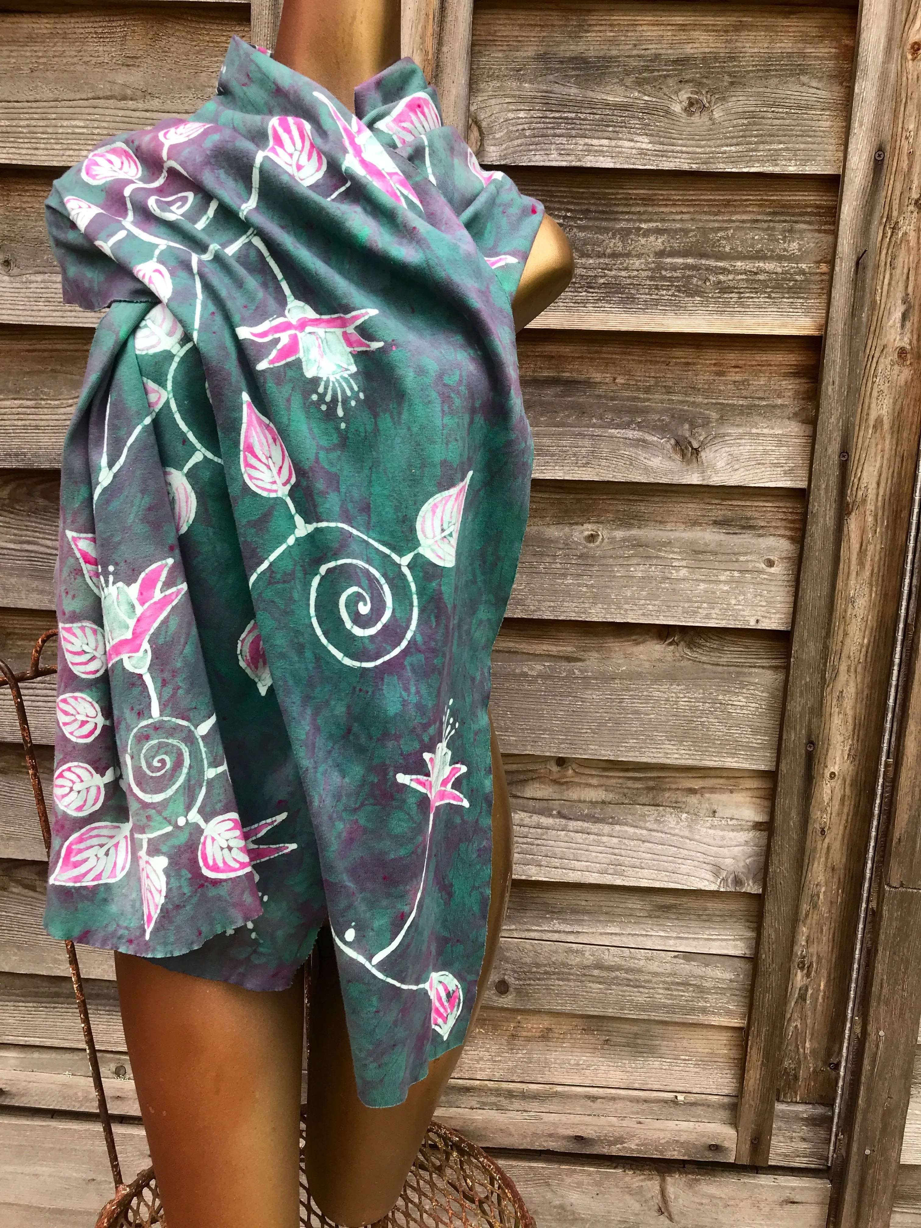 Lovely Fuchsias In Light Teal - Hand Painted Batik Fabric Scarf