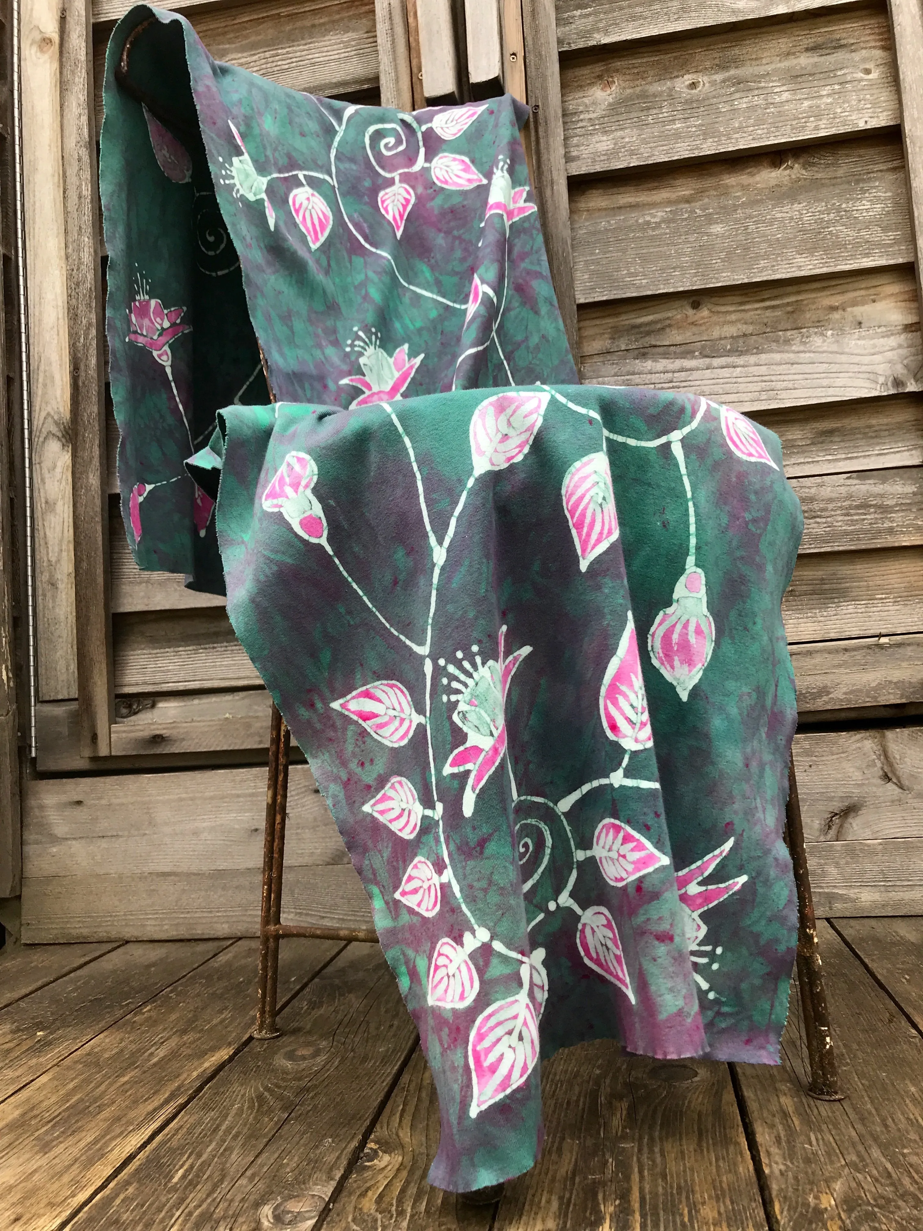 Lovely Fuchsias In Light Teal - Hand Painted Batik Fabric Scarf