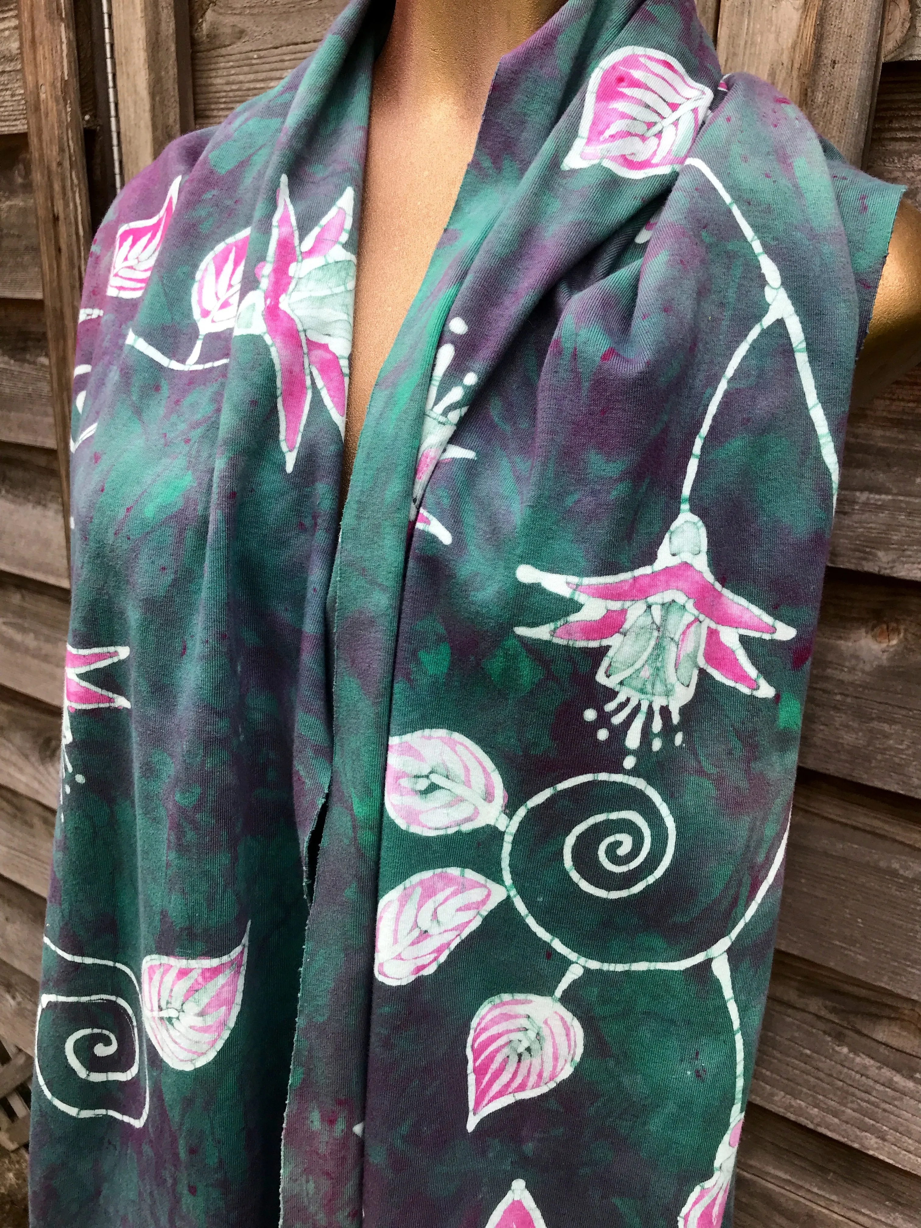 Lovely Fuchsias In Light Teal - Hand Painted Batik Fabric Scarf