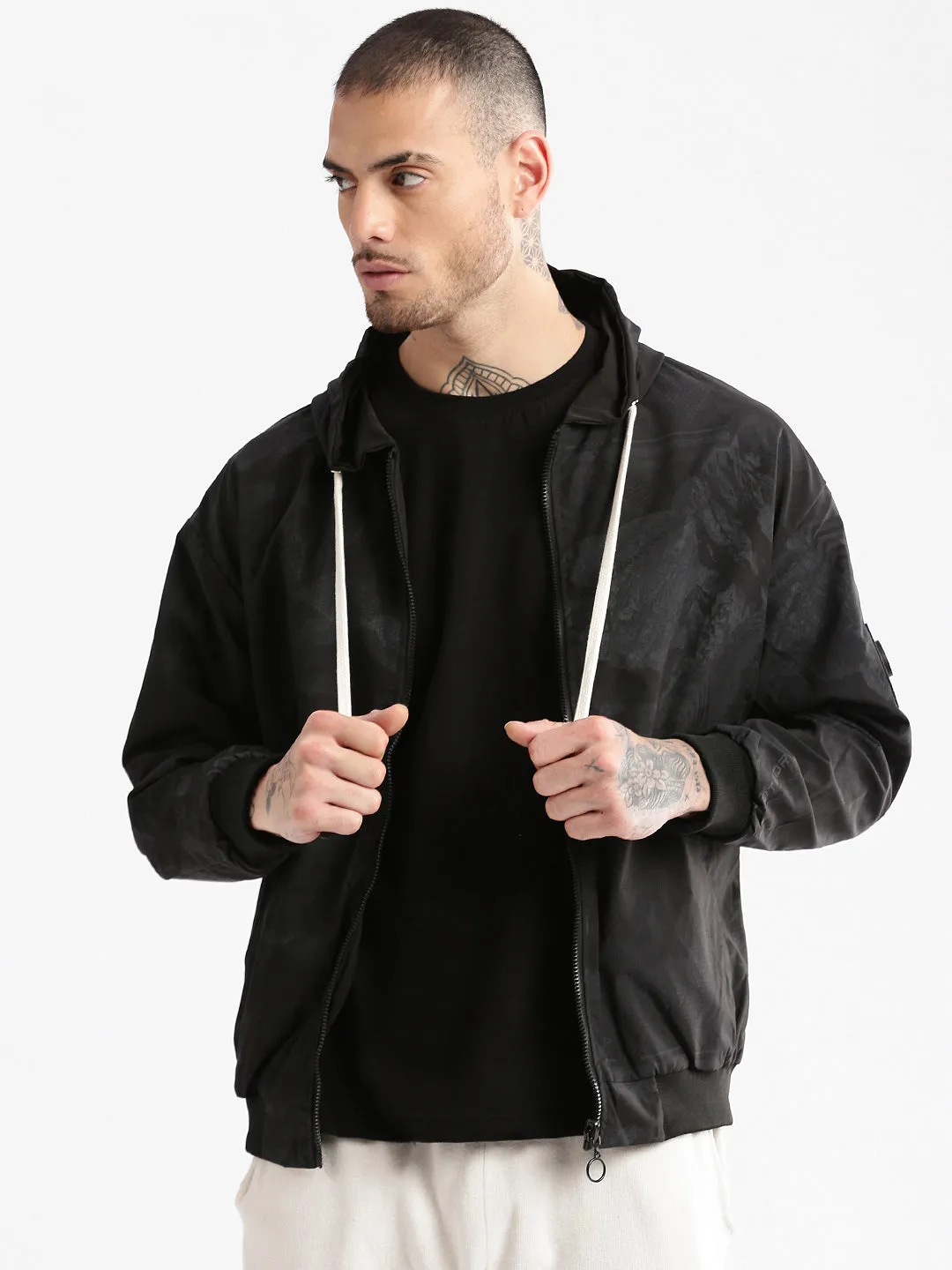 Men Hooded Black Abstract Reversible Bomber Jacket