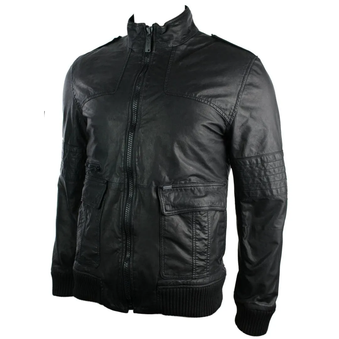 Mens All Retro Real Leather Jacket Jack Vintage Look Black Bomber