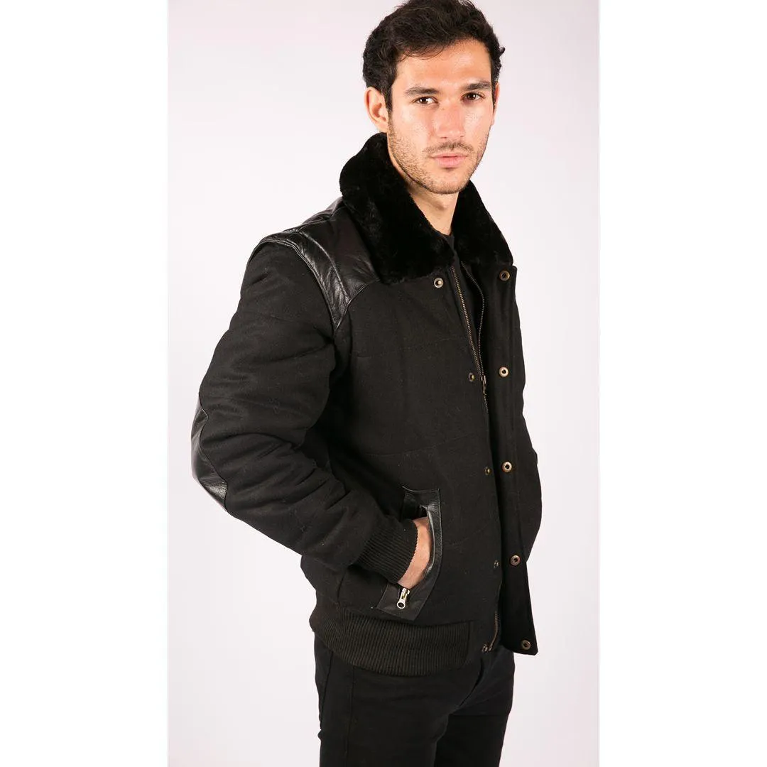 Men's Black Leather Shoulder Patches Bomber Jacket with Removable Sleeves