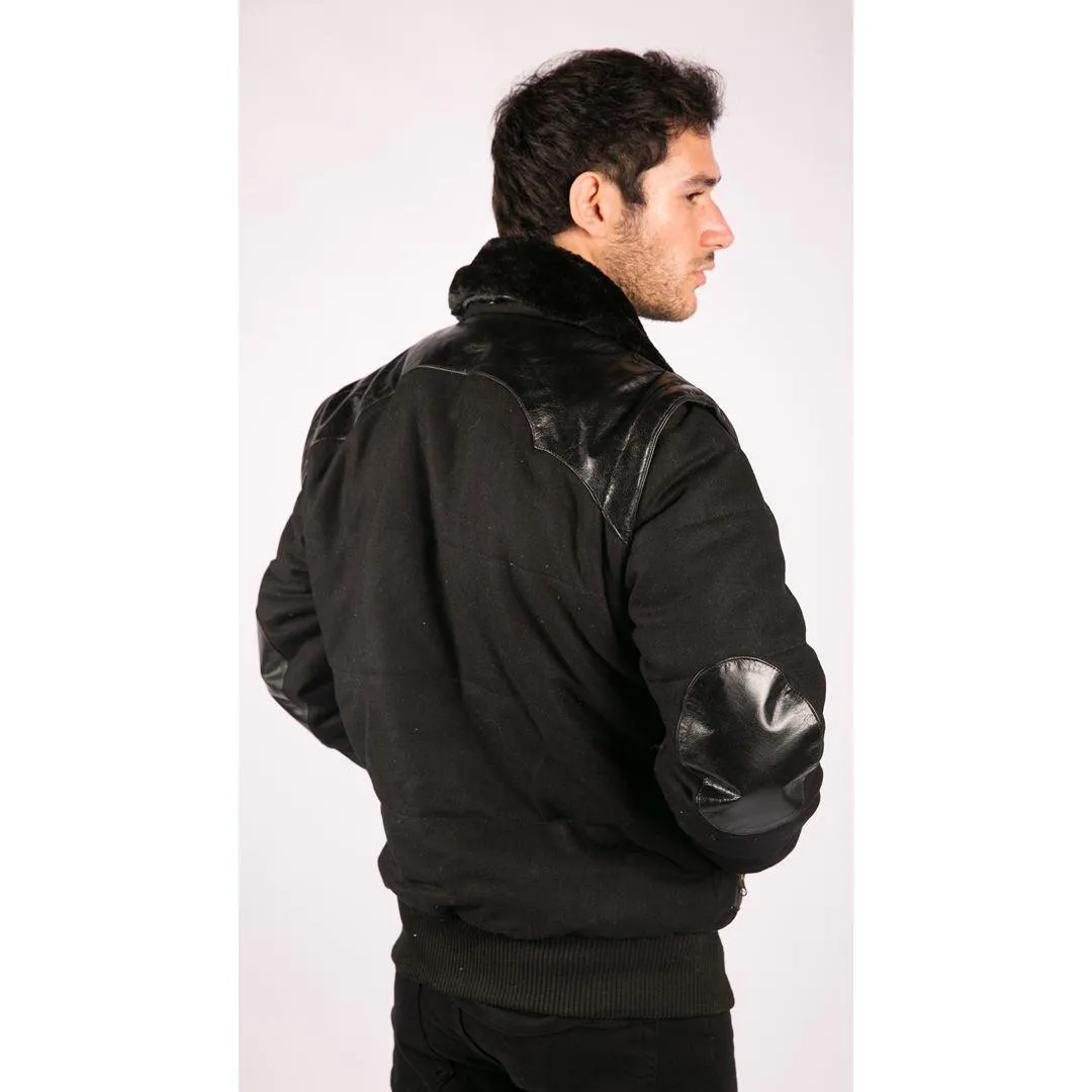 Men's Black Leather Shoulder Patches Bomber Jacket with Removable Sleeves