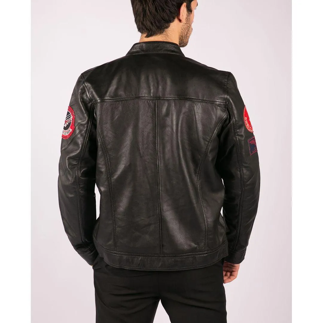 Mens Black Real Leather Zip Jacket Badge Design Racing US Pilot Casual