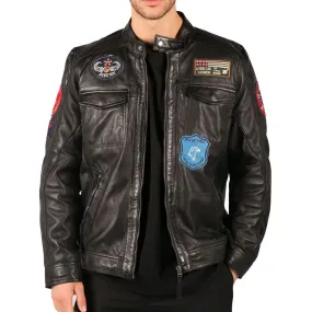 Mens Black Real Leather Zip Jacket Badge Design Racing US Pilot Casual