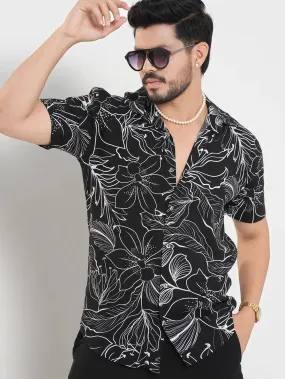 Men's Black Short Sleeve Shirt in Foliole Print