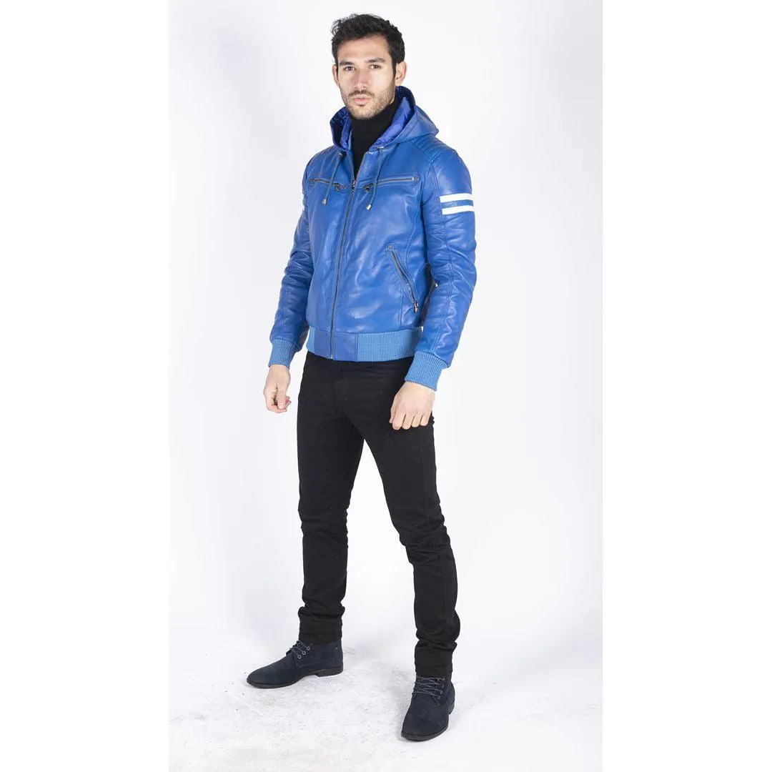 Mens Blue Black Hood Real Leather Bomber Jacket Red Stripes Quilted Slim Fit Casual