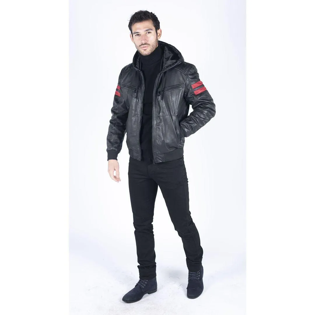 Mens Blue Black Hood Real Leather Bomber Jacket Red Stripes Quilted Slim Fit Casual