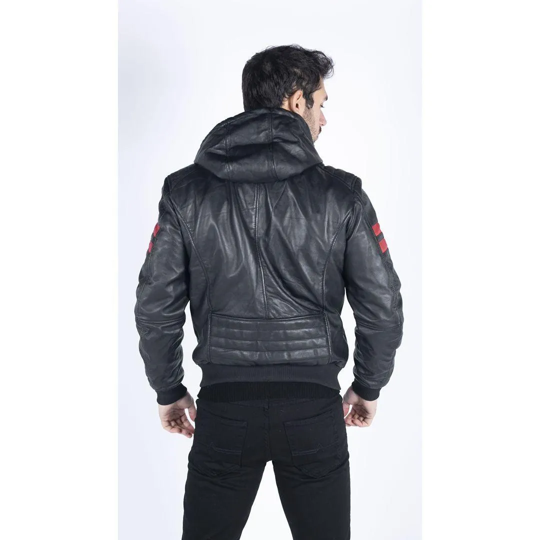 Mens Blue Black Hood Real Leather Bomber Jacket Red Stripes Quilted Slim Fit Casual