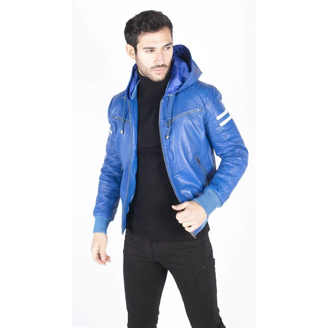 Mens Blue Black Hood Real Leather Bomber Jacket Red Stripes Quilted Slim Fit Casual