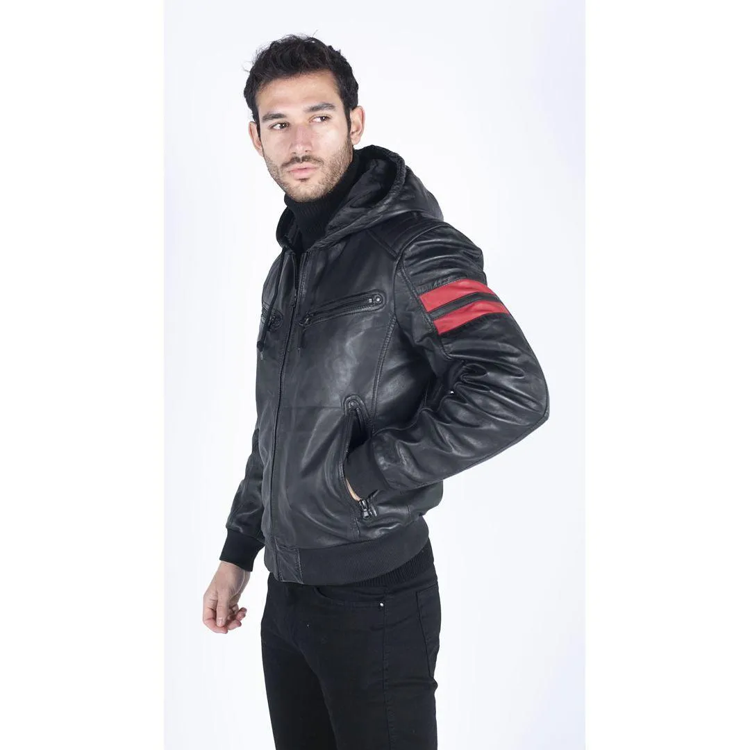 Mens Blue Black Hood Real Leather Bomber Jacket Red Stripes Quilted Slim Fit Casual