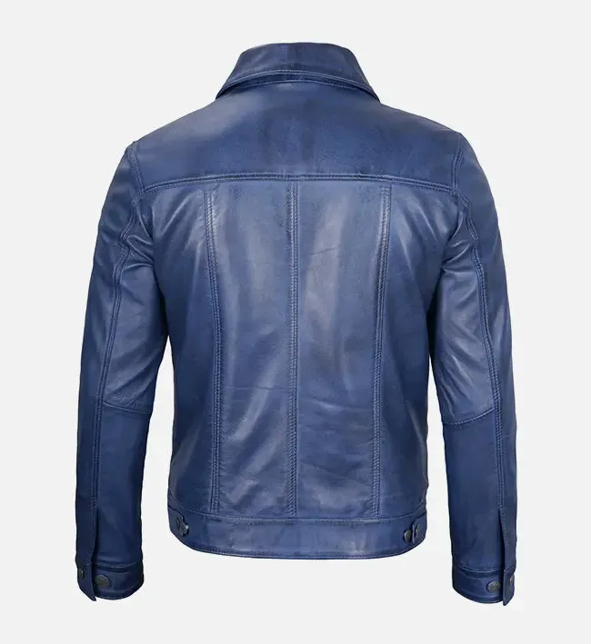 Men's Blue Leather Trucker Jacket